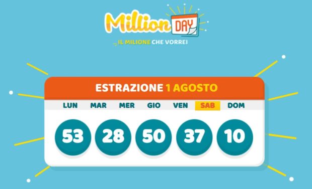 millionday oggi milionario sabato 1 agosto 2020 cinquina Million Day vincente estrazione lotto in diretta conduce Serena Garitta