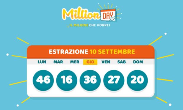 Million Day oggi milionario lottomatica estrazione MillionDay giovedì 10 settembre 2020 cinquina vincente