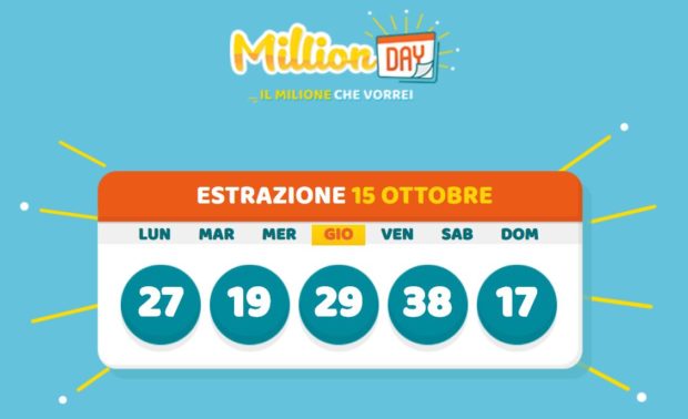 MillionDay cinquina vincente di oggi giovedì 15 ottobre 2020 Il gioco del Lotto in diretta Million Day Lottomatica