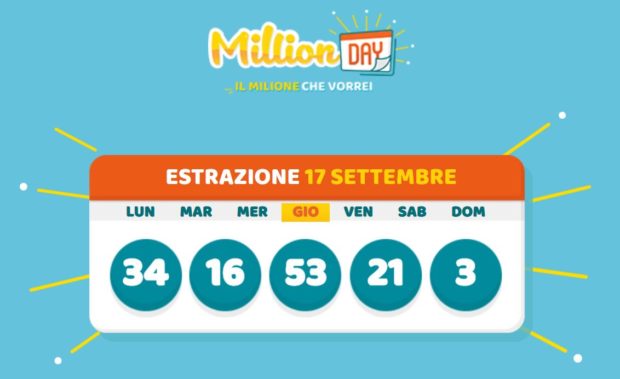 Million Day oggi giovedì 17 settembre 2020 Estrazione MillionDay milionario lottomatica cinquina vincente