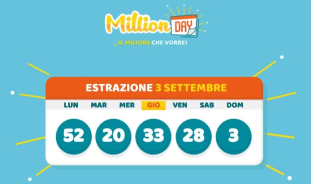 Million Day oggi milionario lottomatica estrazione cinquina vincente MillionDay giovedì 3 settembre 2020