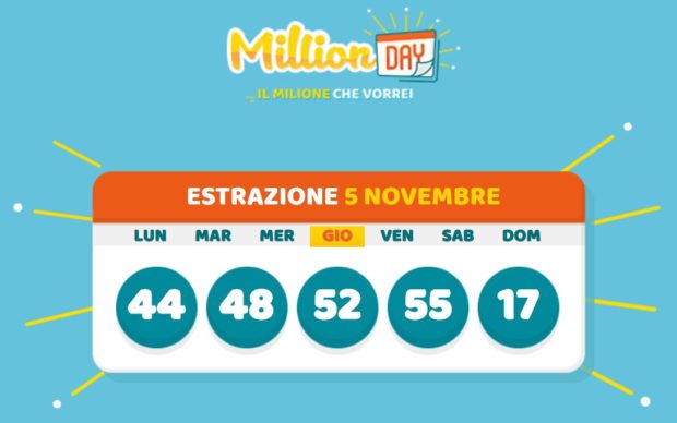 Million Day oggi Estrazione milionario lottomatica millionday di giovedì 5 novembre 2020 cinquina vincente