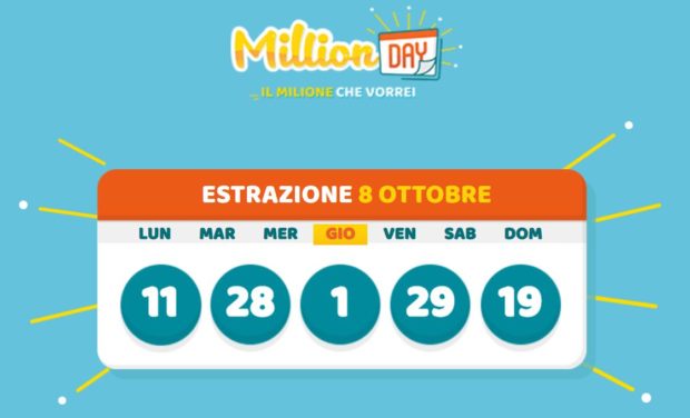 MillionDay oggi giovedì 8 ottobre 2020 Million Day cinquina vinvente milionario Lottomatica