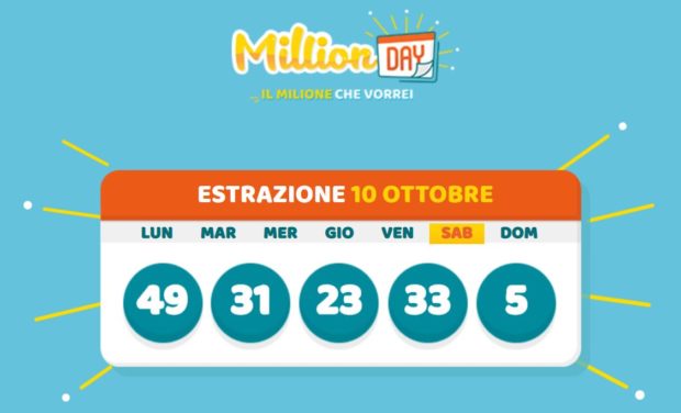 Million Day oggi sabato 10 ottobre 2020 Estrazione del Lotto in diretta MillionDay Milionario Lottomatica cinquina vincente