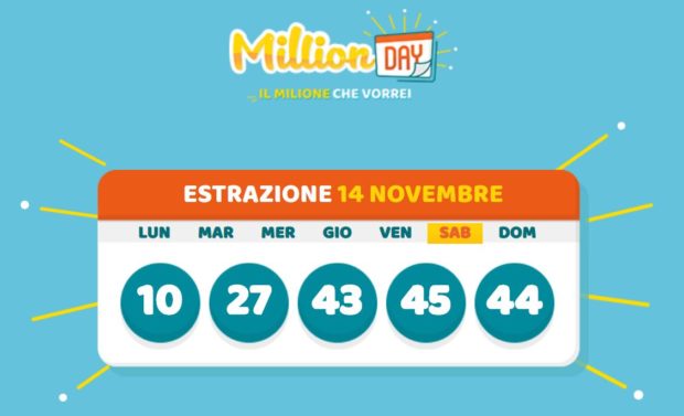 MillionDay oggi cinquina vincente milionario lottomatica Million Day di sabato 14 novembre 2020