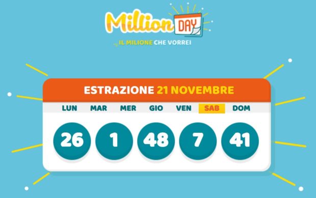 Millionday oggi estrazioni numeri million day di oggi sabato 21 novembre 2020 milionario lottomatica