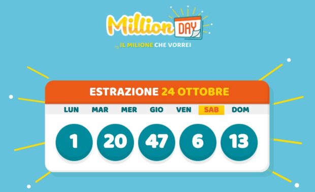 Million Day milionario Lottomatica cinquina vincente di oggi sabato 24 ottobre 2020 Estrazione del Lotto in diretta