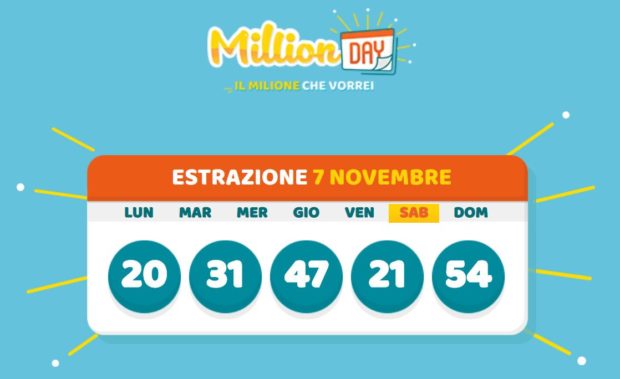 MillionDay oggi milionario cinquina vincente Lottomatica del Million Day sabato 7 novembre 2020
