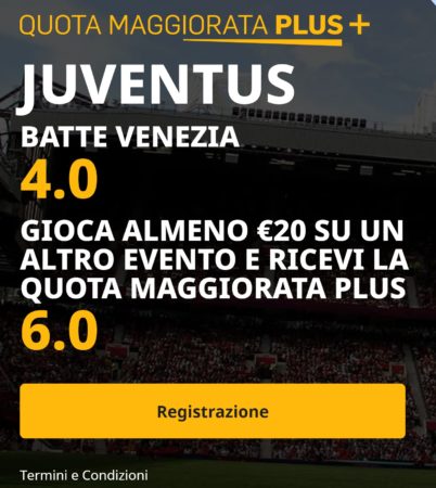 Quote maggiorate bonus Betfair Juventus - Venezia domenica 1 maggio 2022
