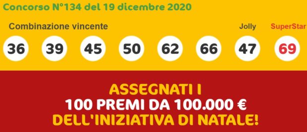Superenalotto vincite Natale sabato 19 dicembre 2020 estrazioni lotto superenalotto 10elotto numeri vincenti verifica vincite jackpot 100.000 euro